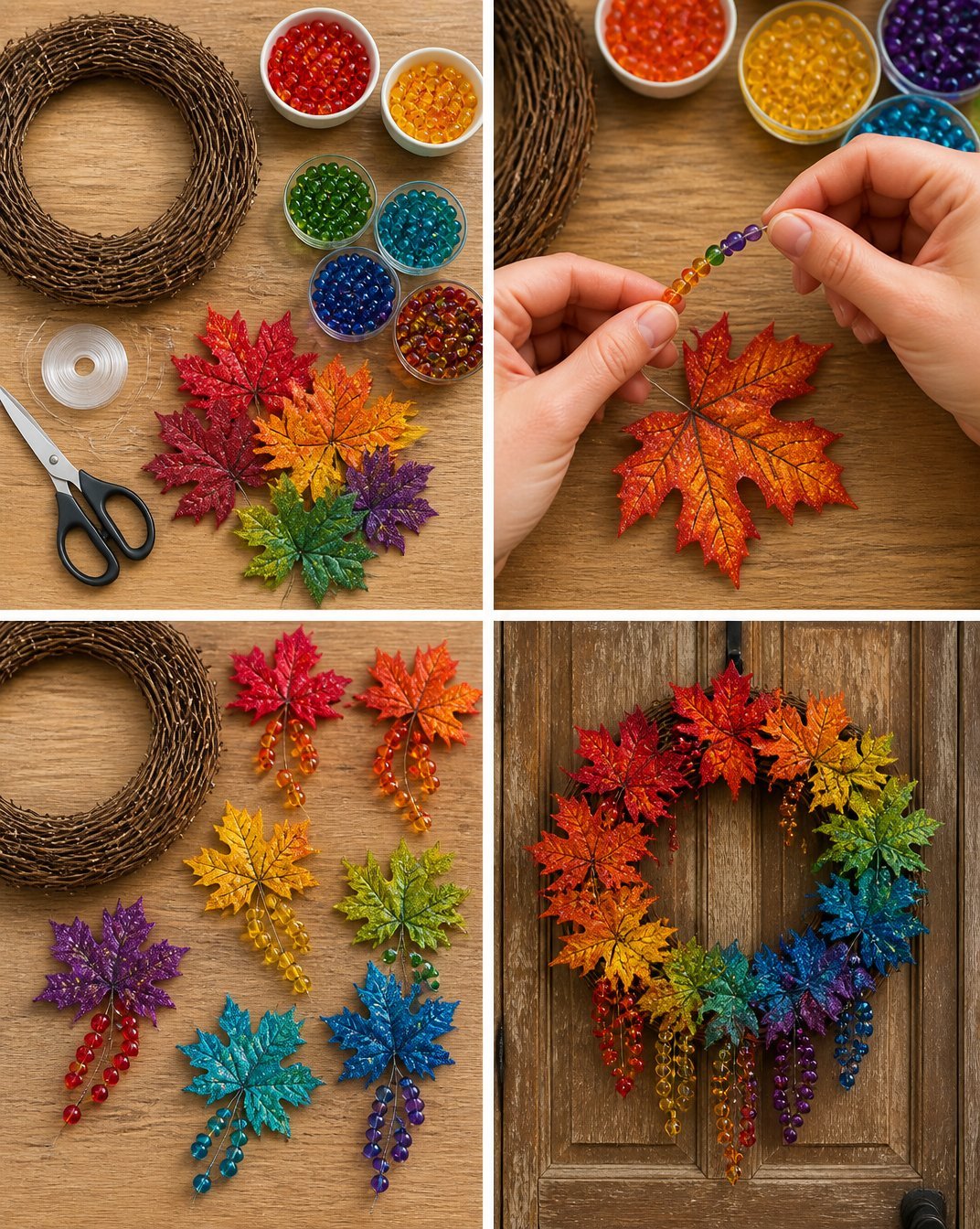 Rainbow Autumn Door Decor with Beaded Leaves