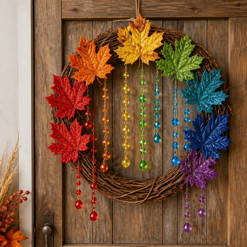 Rainbow Autumn Door Decor with Beaded Leaves