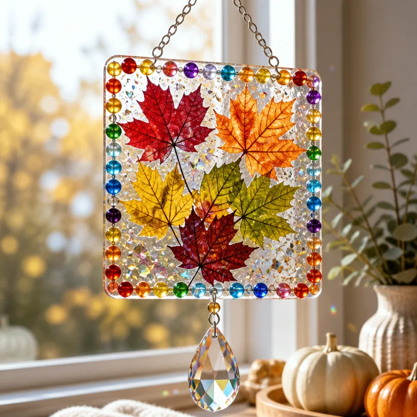 Rainbow Autumn Leaf Crystal Sun Catcher