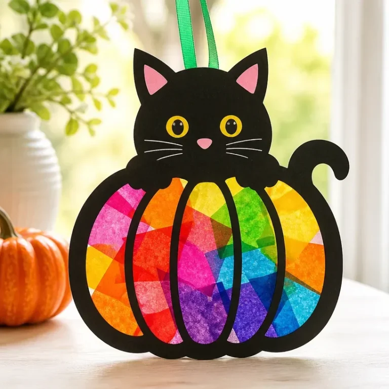 Rainbow black-kitten pumpkin suncatcher craft for kids