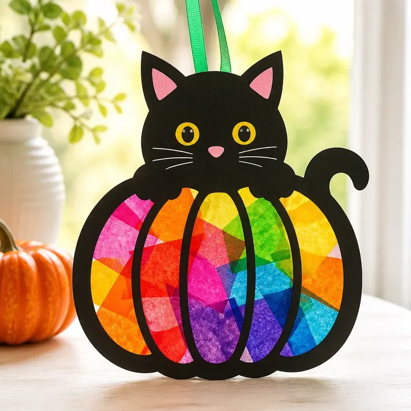 Rainbow black-kitten pumpkin suncatcher craft for kids