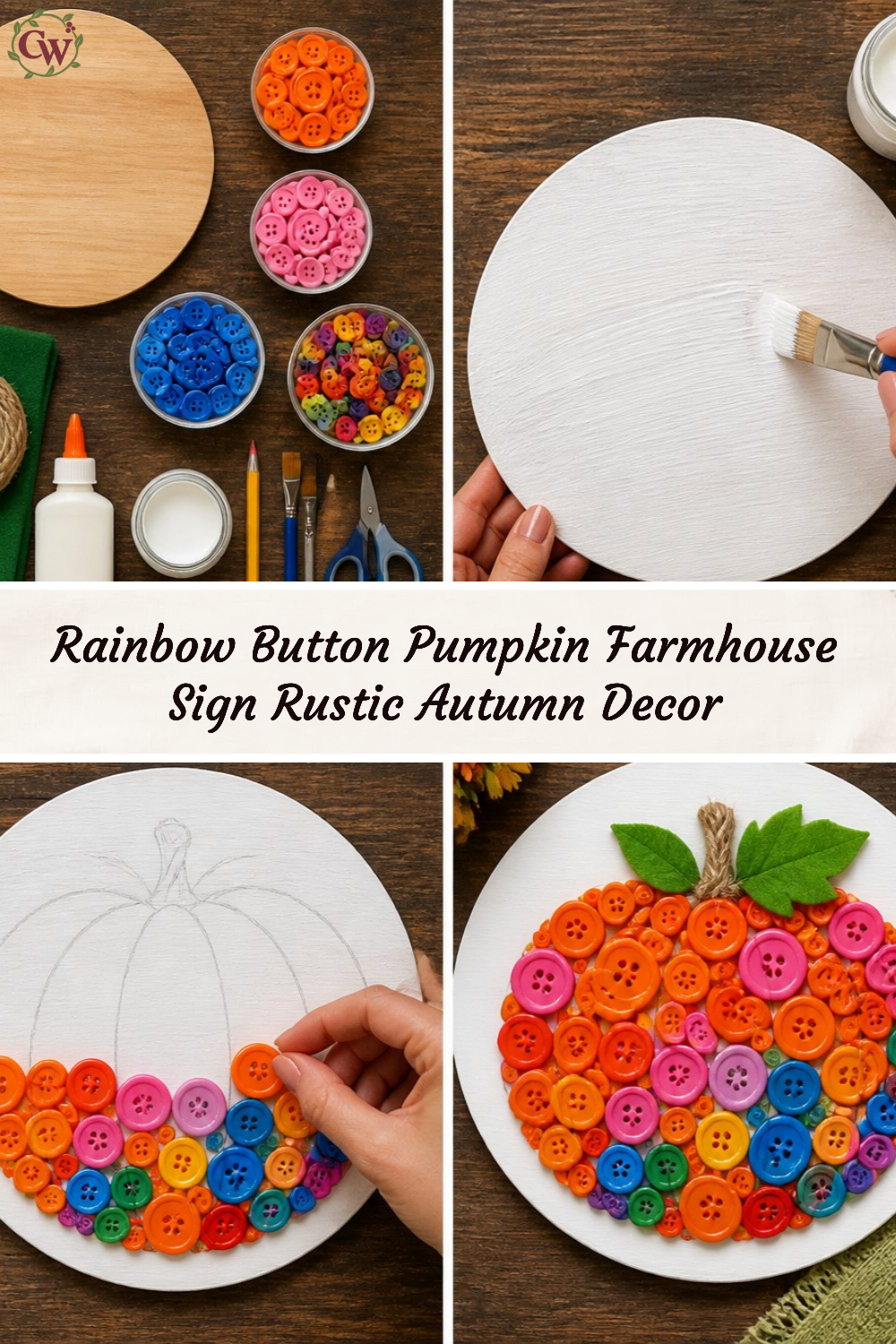 Rainbow Button Pumpkin Farmhouse Sign Rustic Autumn Decor