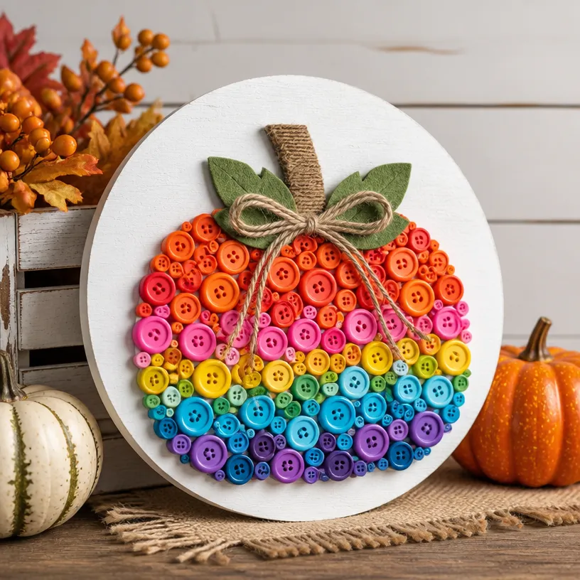 Rainbow Button Pumpkin Farmhouse Sign - Rustic Autumn Decor