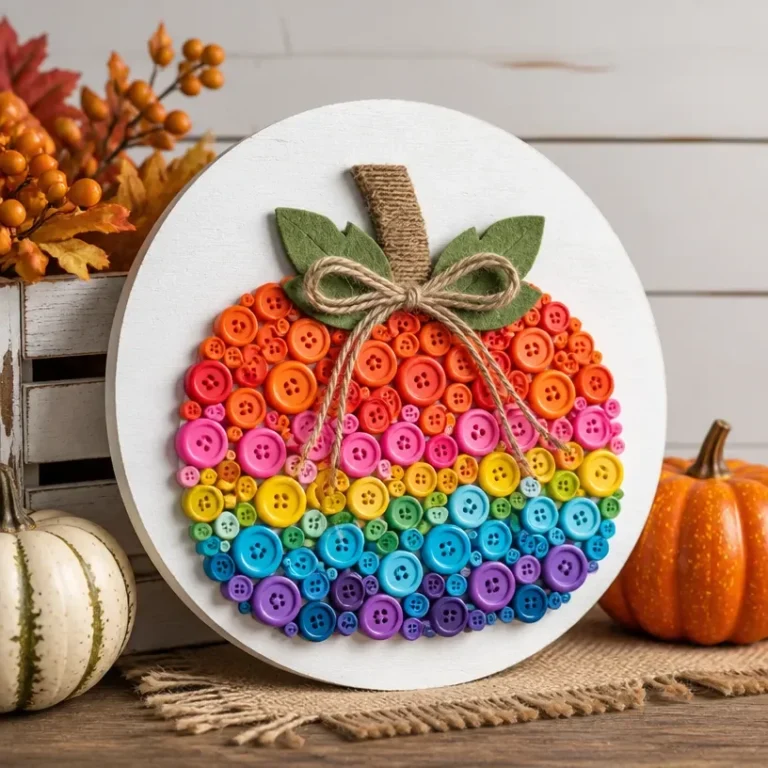 Rainbow button pumpkin farmhouse sign for rustic autumn decor
