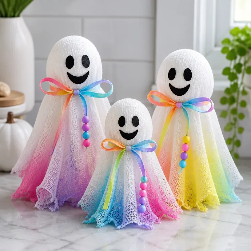 DIY Rainbow Cheesecloth Ghost Family Halloween decor for festive celebrations