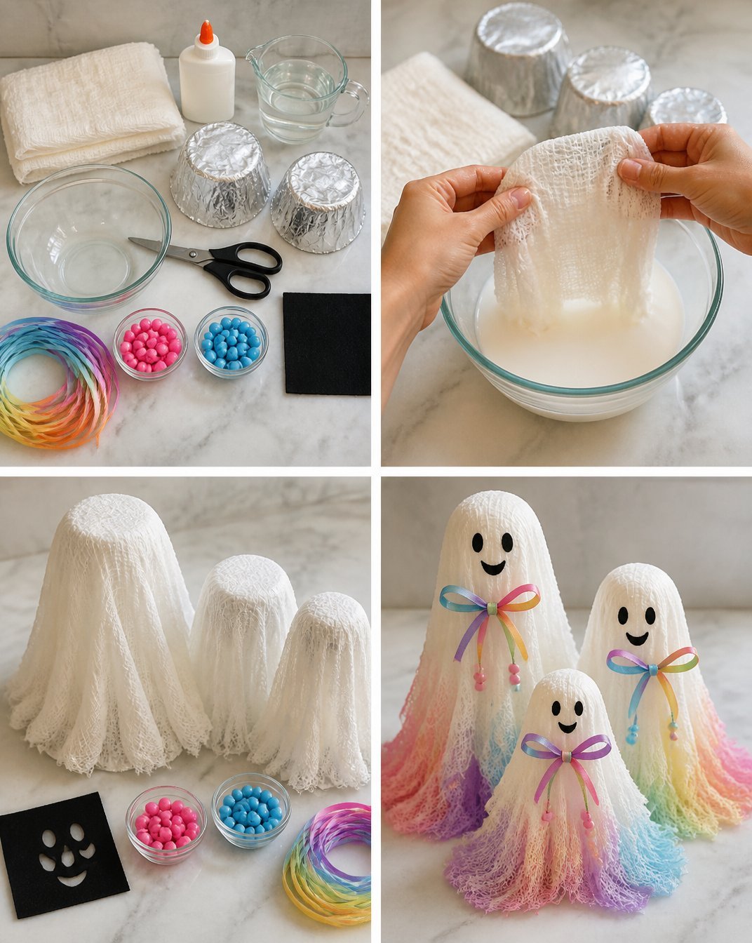 Adorable Rainbow Cheesecloth Ghost Family DIY Halloween Decor