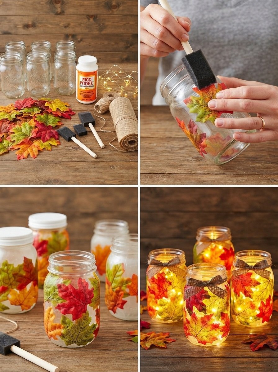 Rainbow Fall Leaf Mason Jar Luminary Village Decor