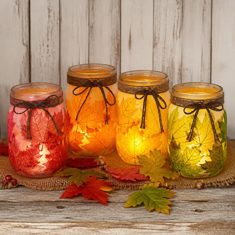 Rainbow Fall Leaf Mason Jar Luminary Village Decor
