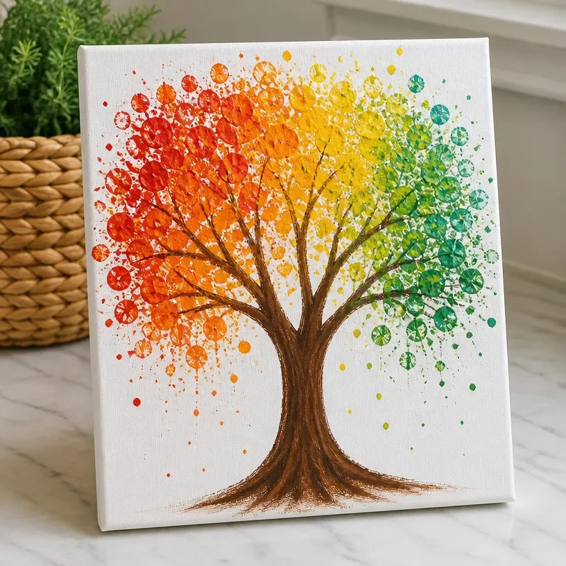 Rainbow fall tree created using bubble-paint techniques on canvas.