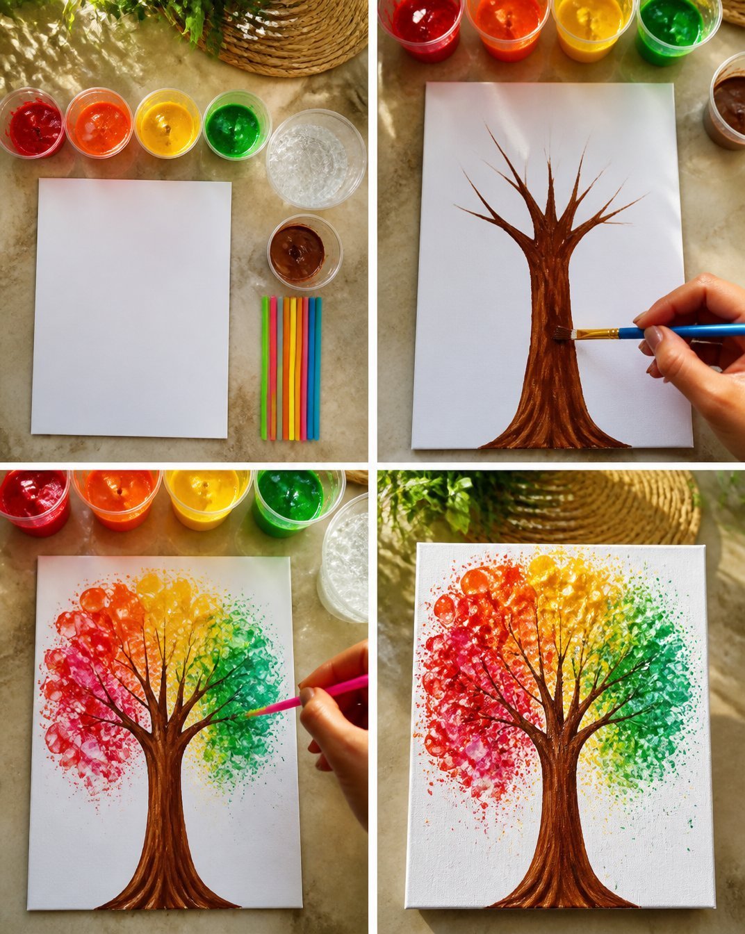 Rainbow Fall Tree Bubble-Paint Canvas Tutorial