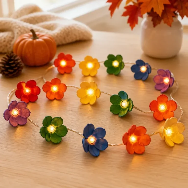 DIY Rainbow Flower Garland with eco-friendly materials and fairy lights.