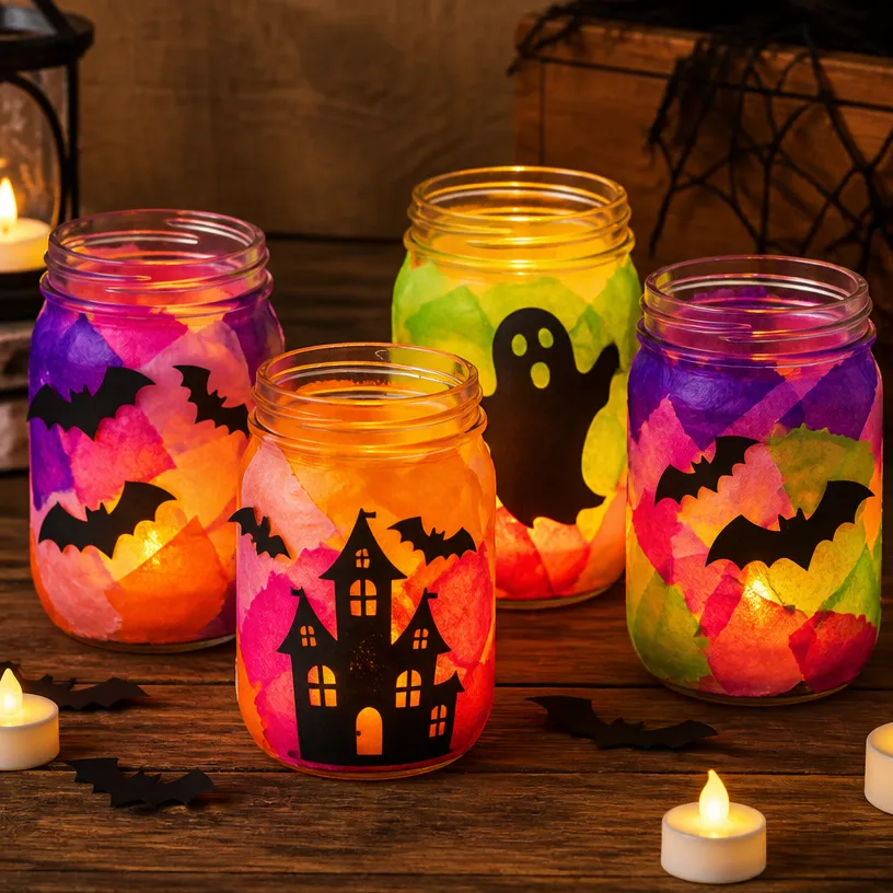 Rainbow-Inspired Haunted Mason Jar Lanterns for Halloween