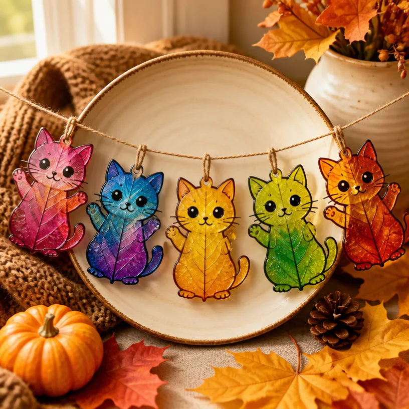 Rainbow Kitten-Themed Fall Leaf Suncatcher Garland
