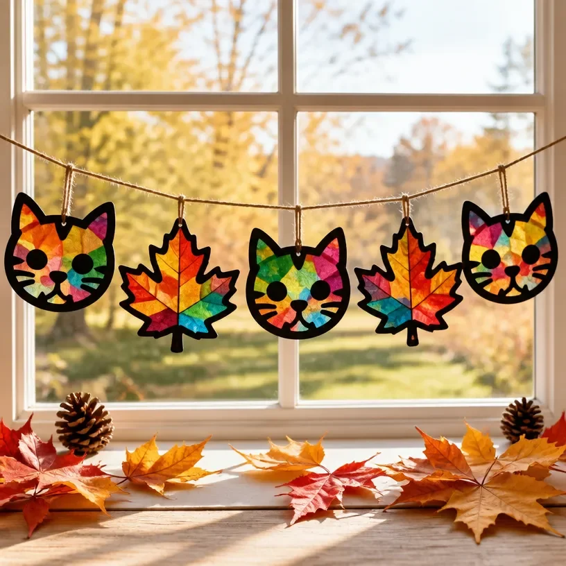 DIY rainbow kitten-inspired autumn leaf suncatcher garland decoration