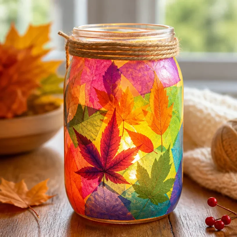 Rainbow Leaf-Pressed Mason Jar Lantern glowing with warm light