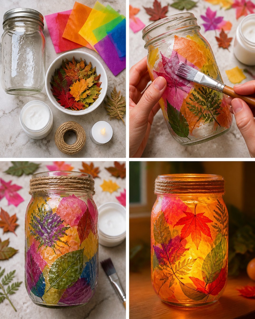 Rainbow Leaf-Pressed Mason Jar Lantern