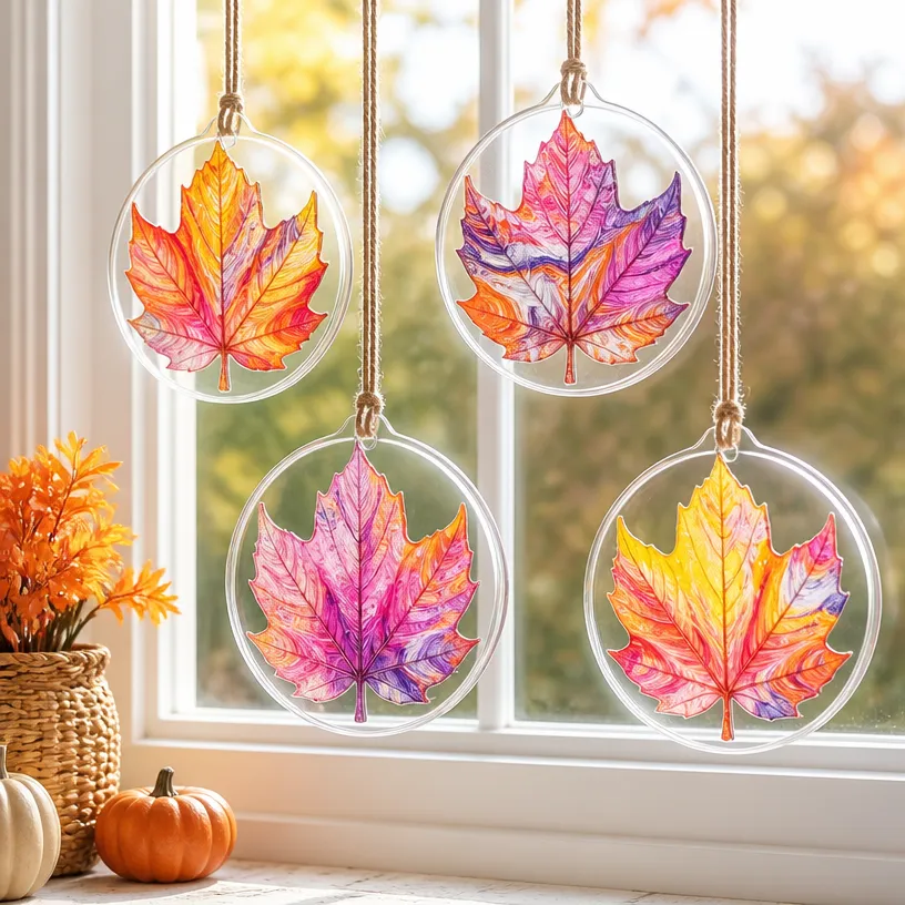 Rainbow Marble Fall Leaf Suncatchers for Window Decor