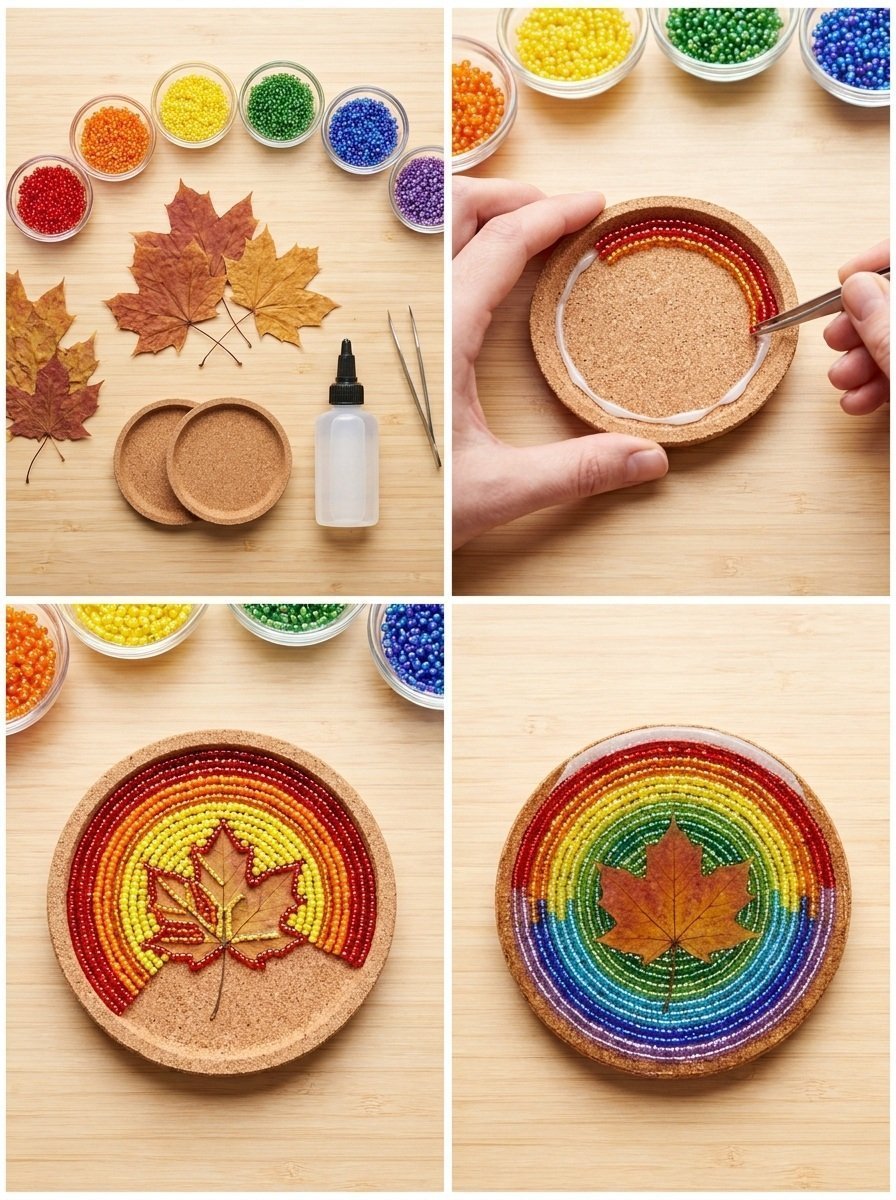 Rainbow Perler-Bead Autumn Leaf Coasters DIY