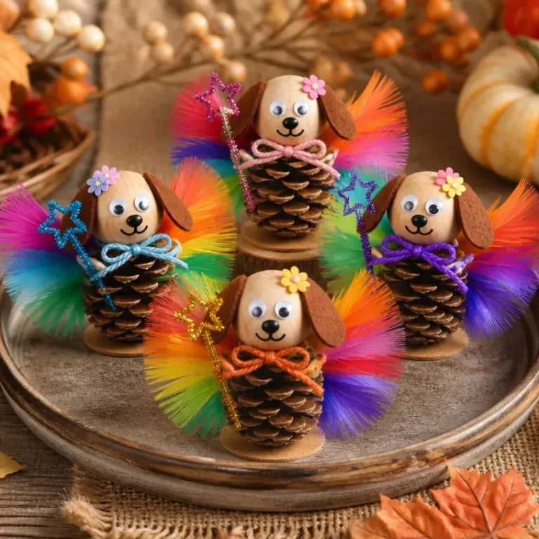 DIY Rainbow Puppy and Pinecone project featuring fall fairies