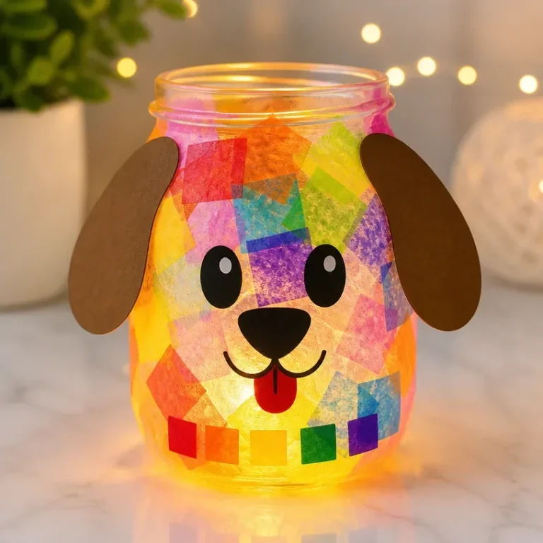 Kids crafting a colorful Rainbow Puppy Ghost Glow Lantern for Halloween.