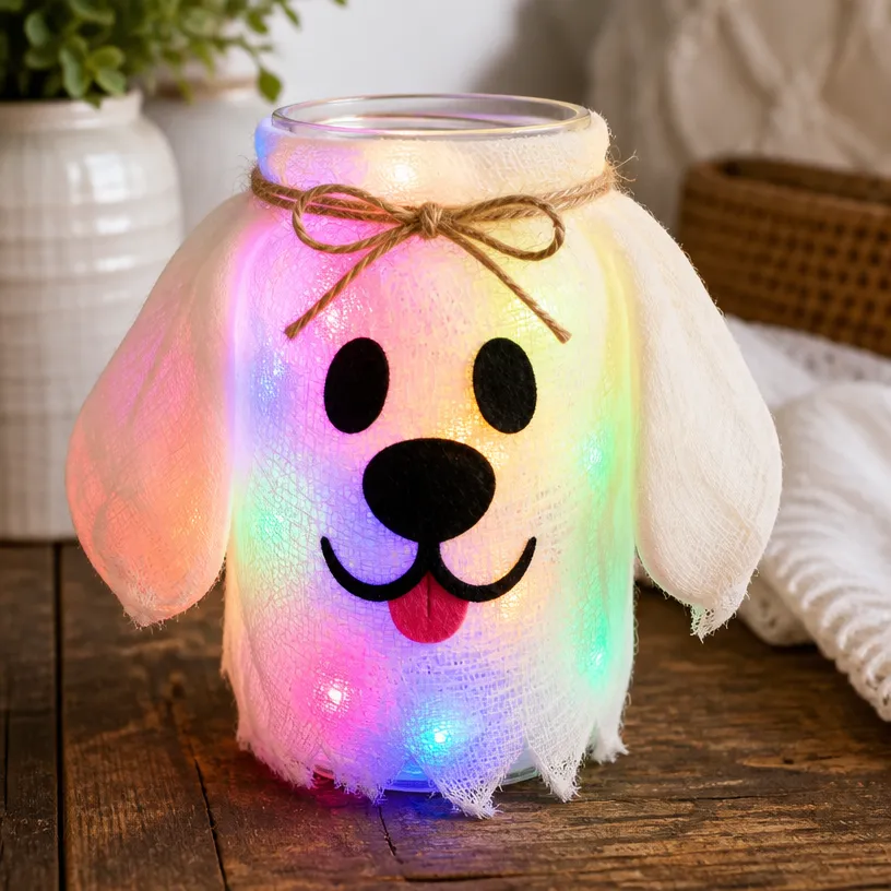 Rainbow Puppy Ghost Mason Jar Lantern