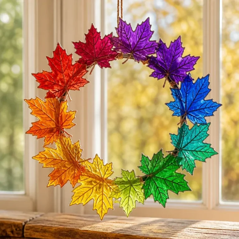 DIY Rainbow Stained-Glass Fall Wreath tutorial for vibrant autumn decor.