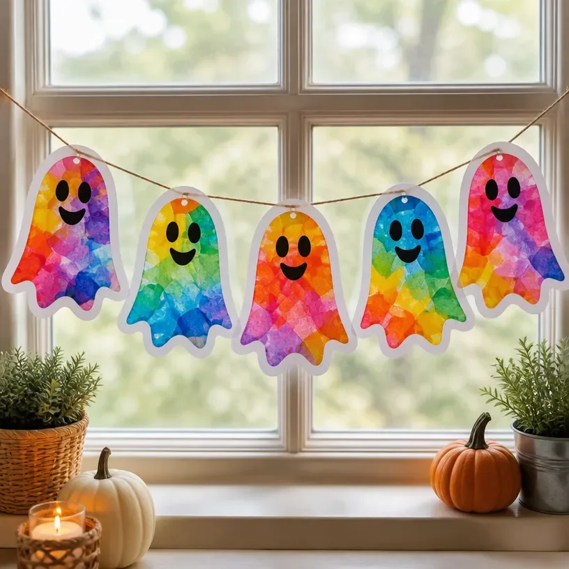 Rainbow stained-glass ghost window garland for Halloween decor