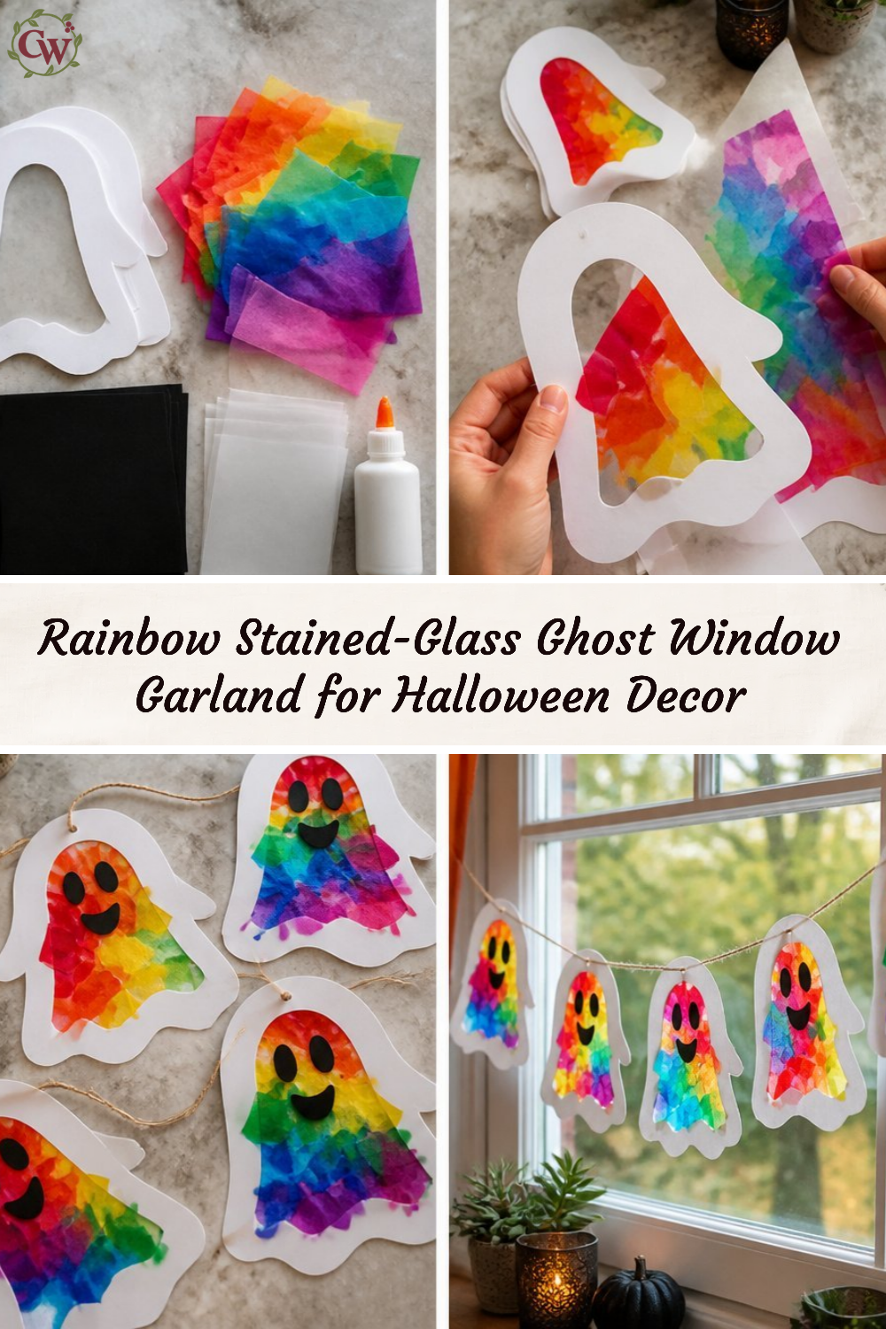 Rainbow Stained-Glass Ghost Window Garland for Halloween Decor