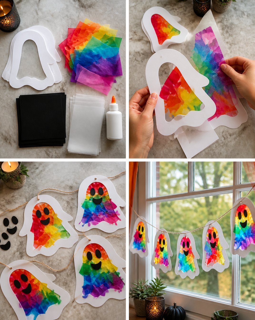 Rainbow Stained-Glass Ghost Window Garland for Halloween Decor