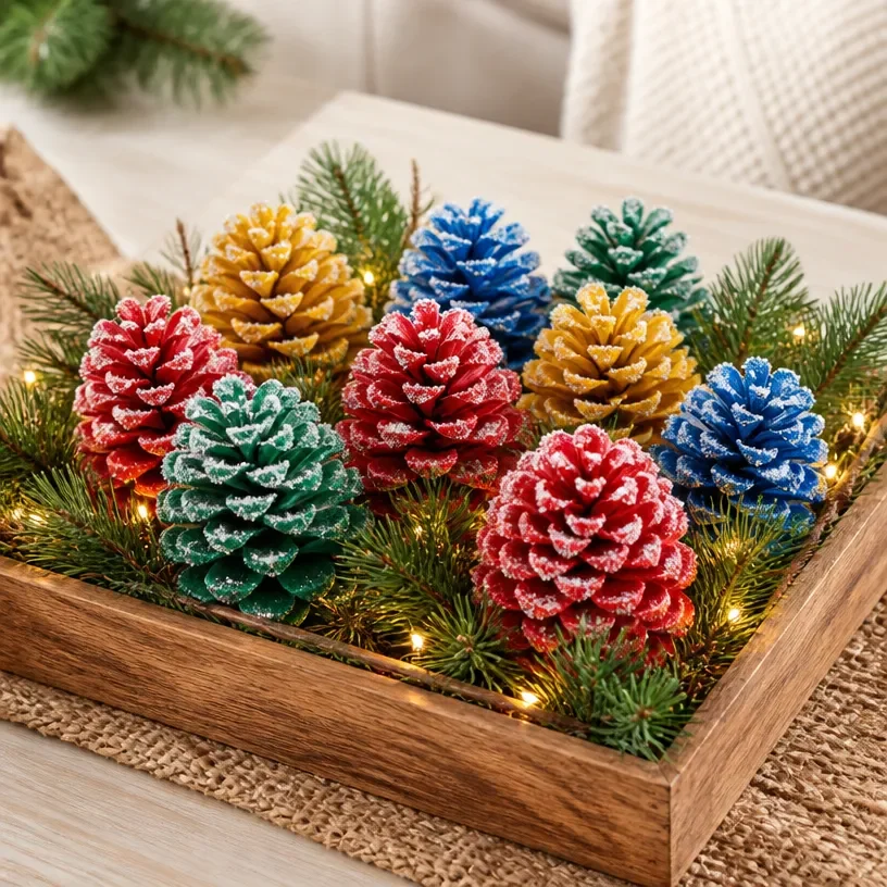 Rainbow-themed frosted pinecone centerpiece for winter decor