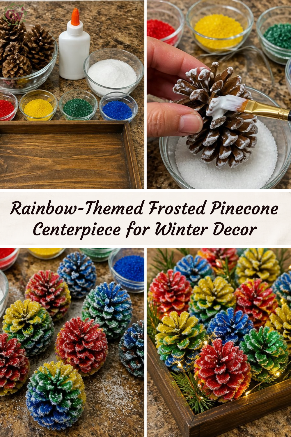 Rainbow-Themed Frosted Pinecone Centerpiece for Winter Decor