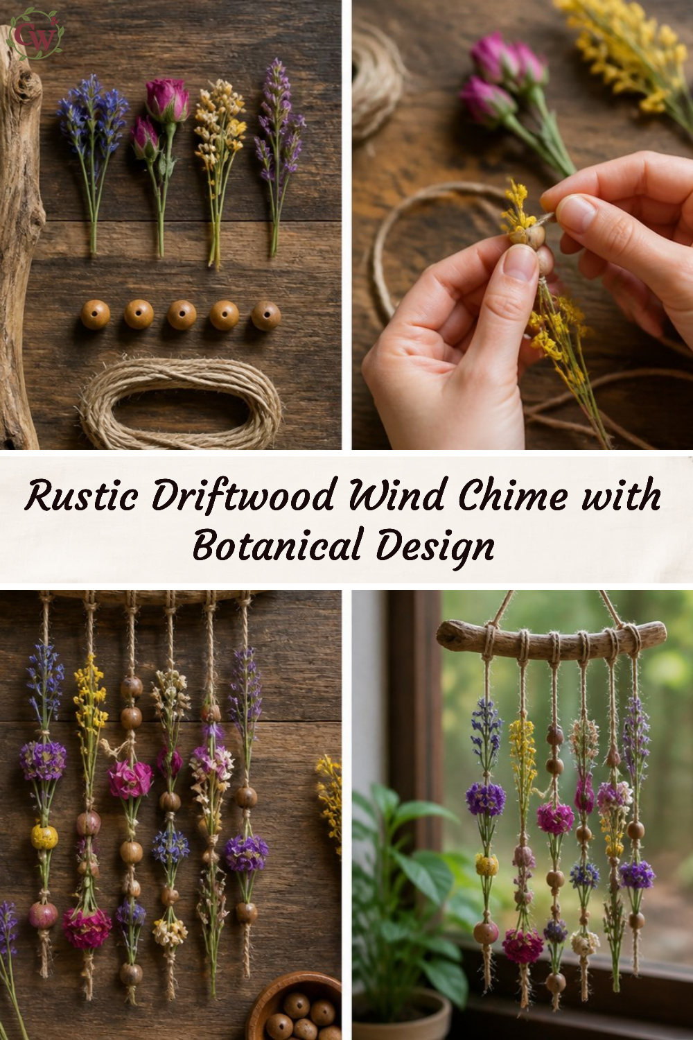 Rustic Driftwood Wind Chime with Botanical Design