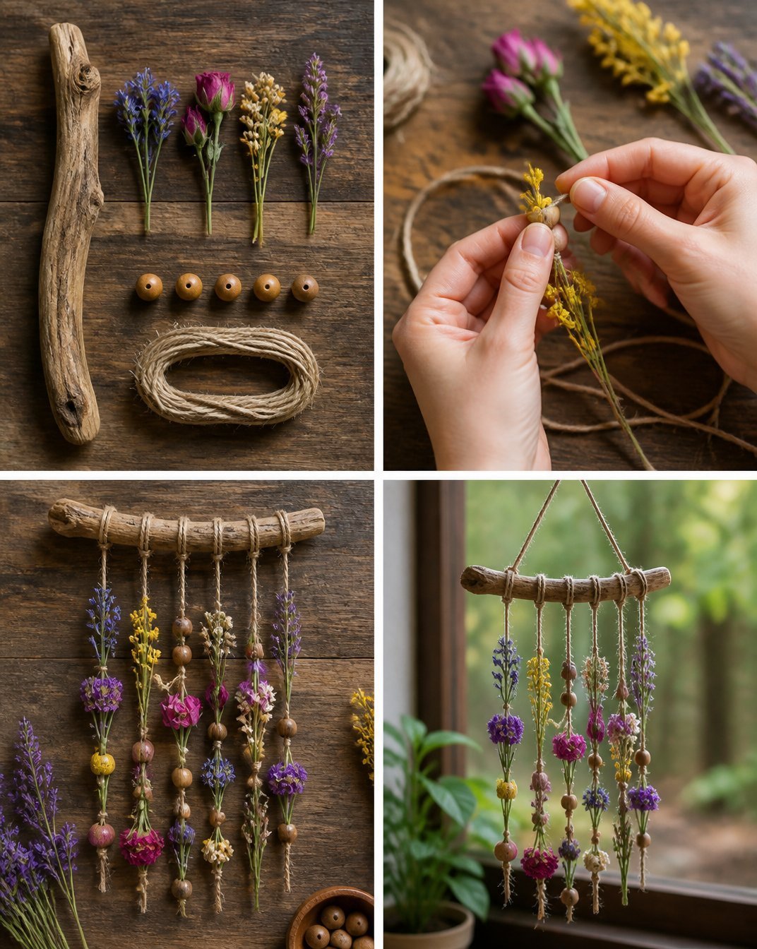 Rustic Driftwood Wind Chime with Botanical Design