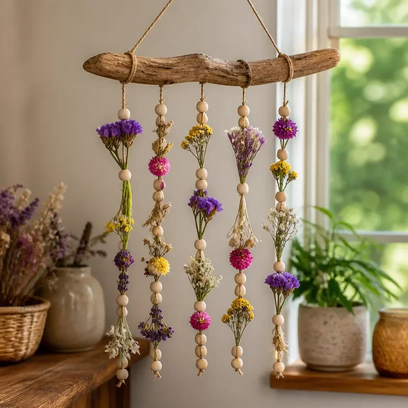 Rustic driftwood wind chime with botanical design for outdoor decoration