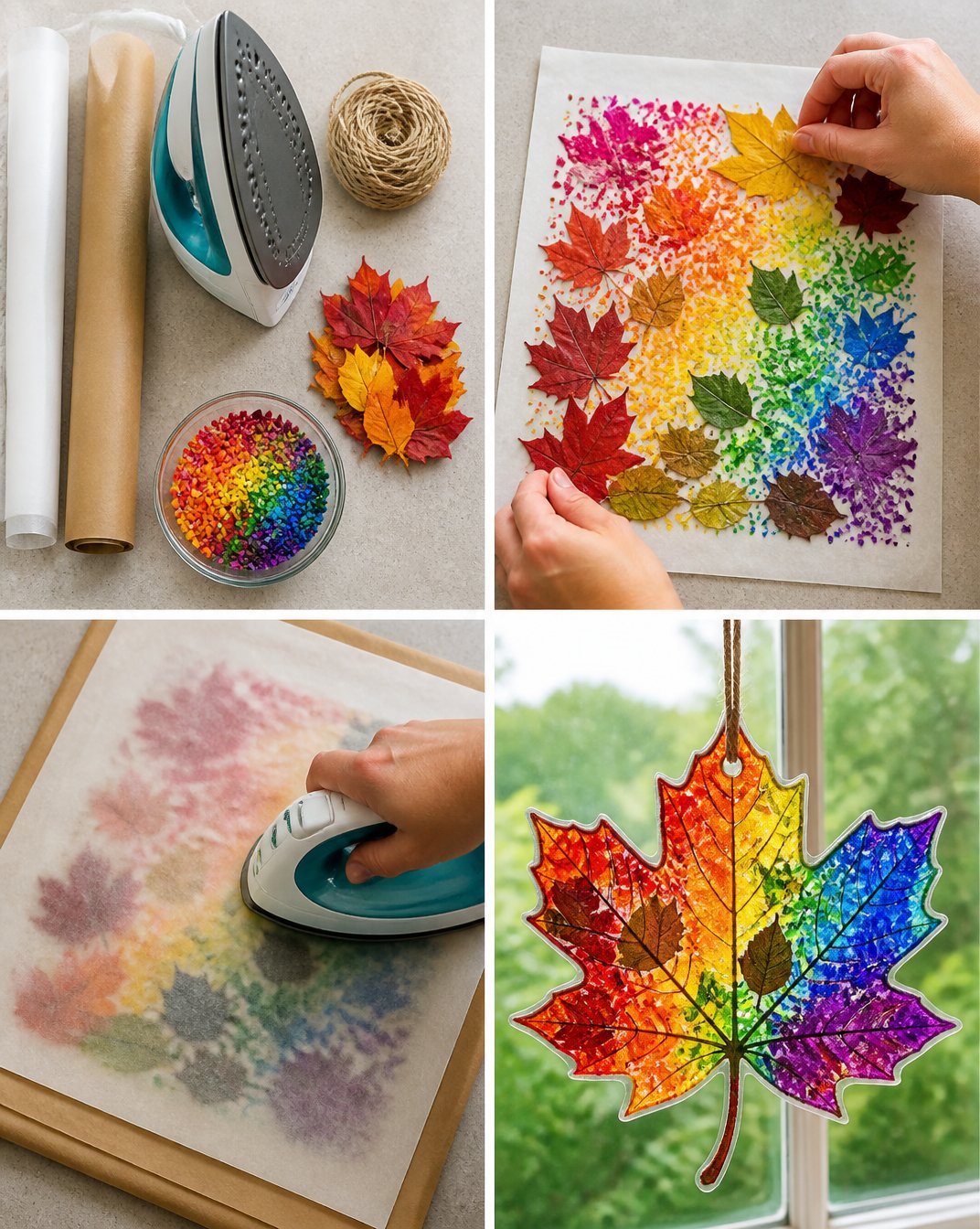 Stained Glass Window with Rainbow Fall Leaves