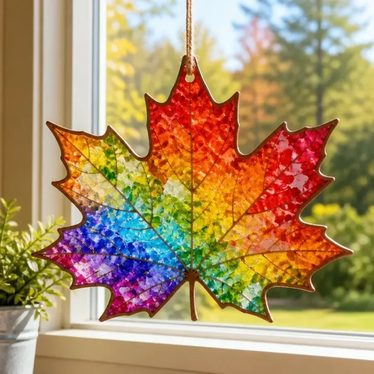 DIY stained glass window project with vibrant rainbow fall leaves design