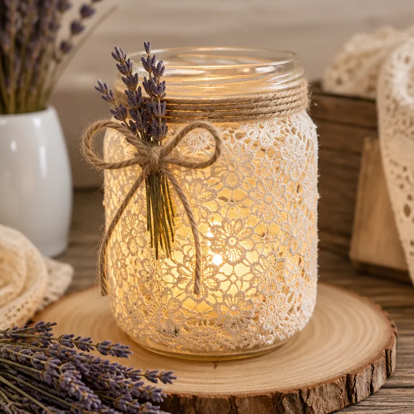 Vintage Lace Mason Jar Lantern Decor