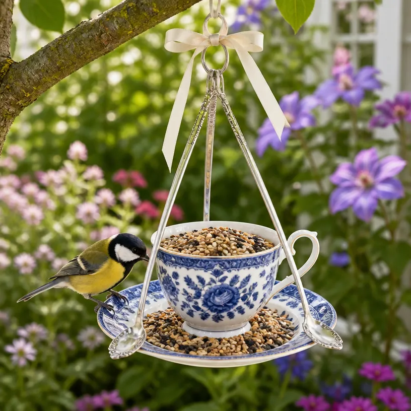 Vintage Teacup Bird Feeder for Garden Decor