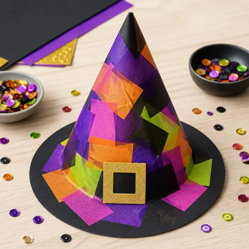 Colorful witch hat collages crafted by kids for Halloween decor.