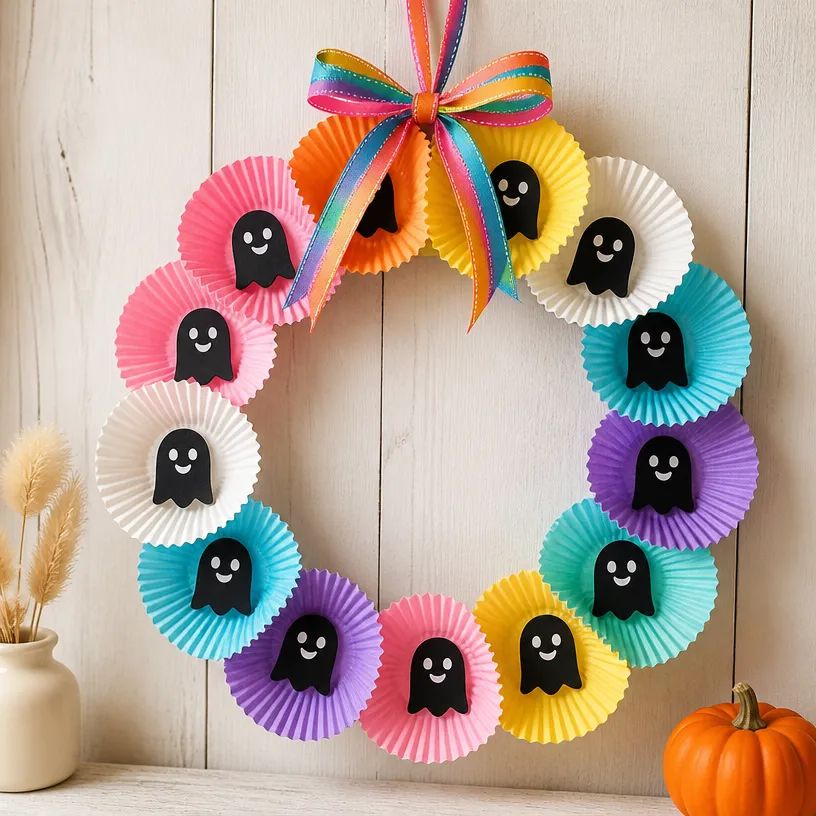 DIY Rainbow Ghost Wreath Made with Cupcake Liners