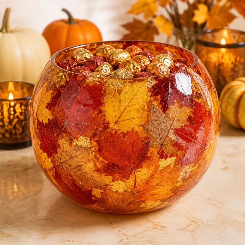 DIY epoxy artwork featuring colorful fall leaves for wall decor