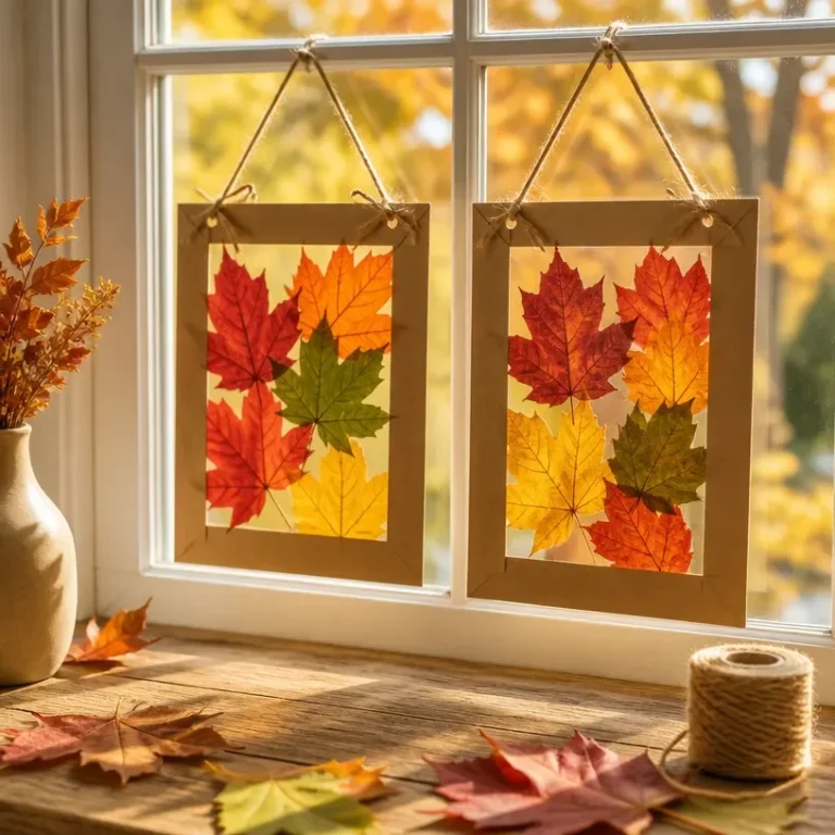Kids creating DIY fall window decor with colorful leaves and pumpkins