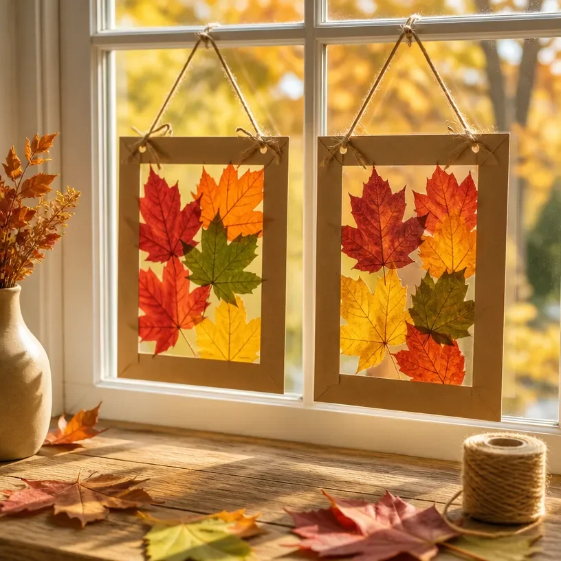 Kids creating DIY fall window decor with colorful leaves and pumpkins