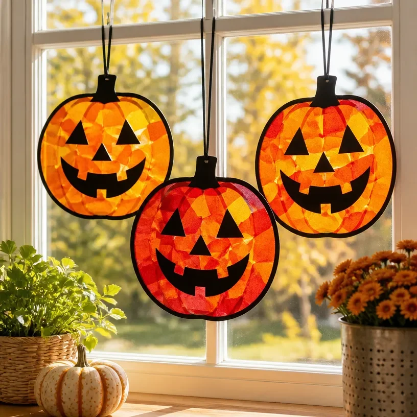 Colorful DIY Halloween stained glass patterns for festive window decor