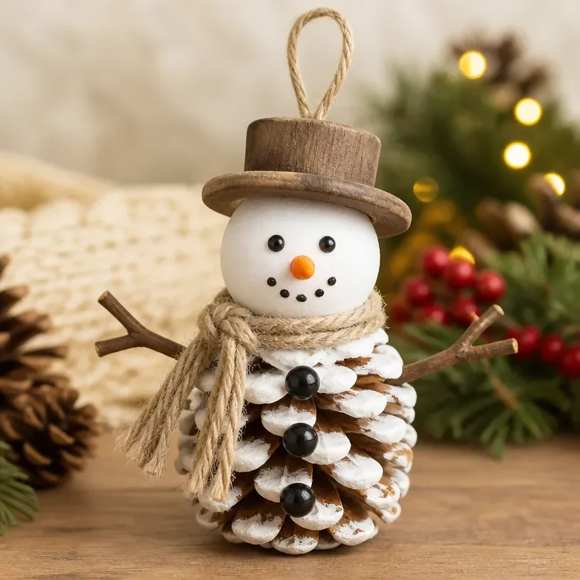 DIY Pinecone Snowman craft for festive Christmas decorations.