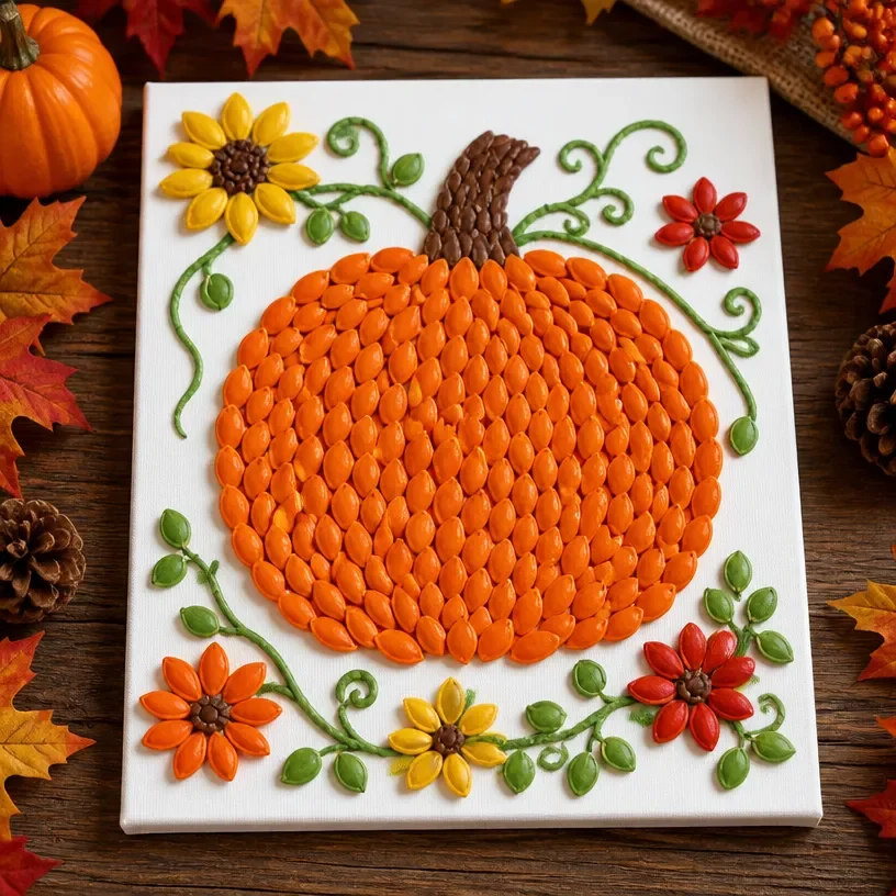 Kids creating a colorful DIY pumpkin seed painting for fall art project.