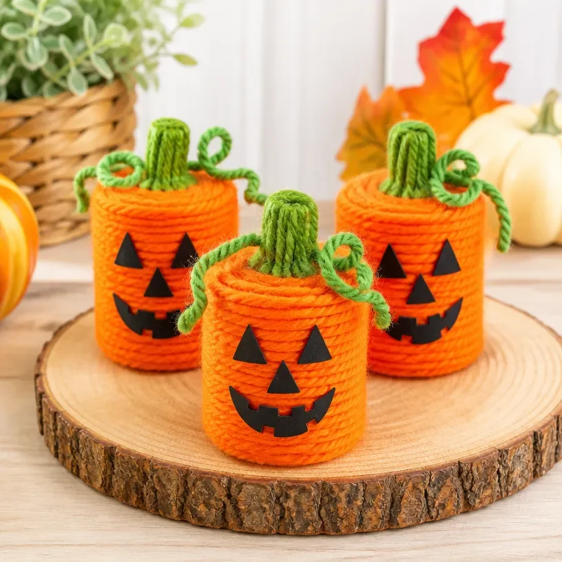 Easy DIY pumpkins made from toilet paper rolls and yarn for fall decoration.
