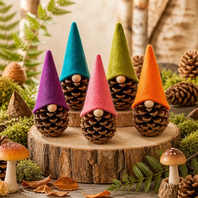 DIY Christmas decorations featuring Forest Gonks and pine cone crafts