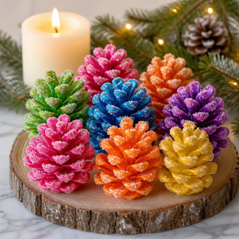 Decorated pine cones for Christmas crafted by kids
