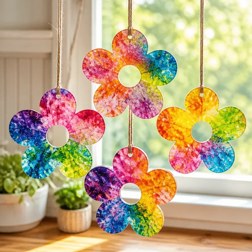 Colorful melted crayon flower spring art project for kids